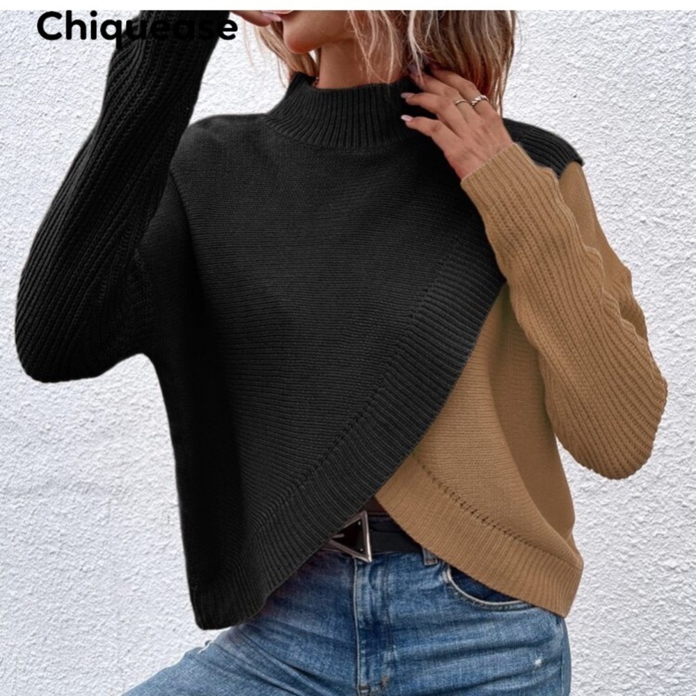 Chiquease Two Tone Overlap Hem Mock Neck Sweater Size Large